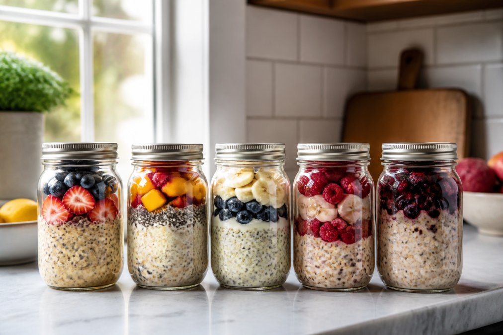 Five glass mason jars filled with layered overnight oats and fresh berries lined up on a kitchen counter, natural morning light streaming through a nearby window