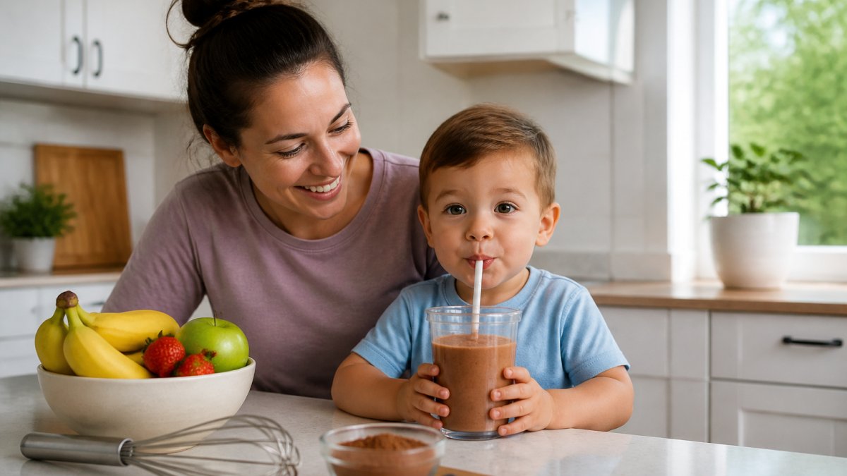 Parent and toddler in a bright kitchen sharing a healthy chocolate smoothie in a straw cup