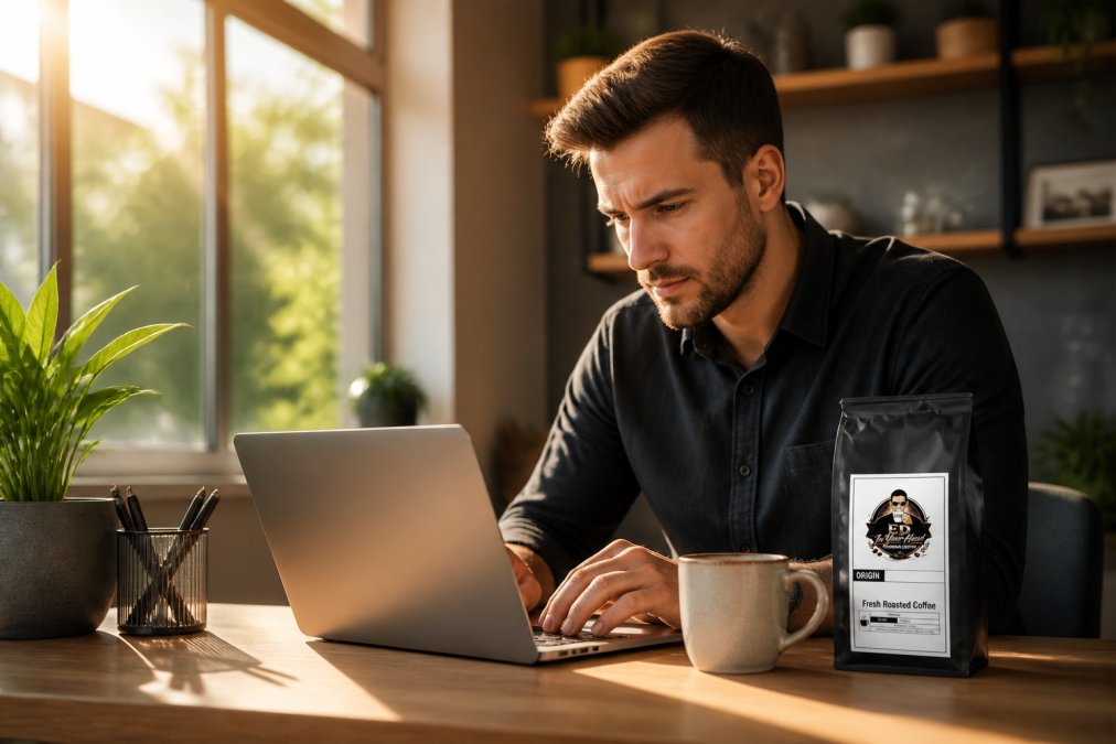 Professional focused intently at laptop desk with fresh cup of coffee in bright modern workspace, morning sunlight streaming through windows
