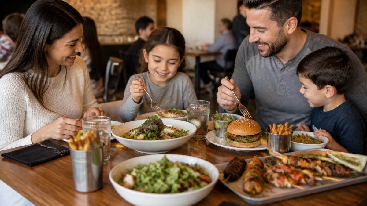 A family dining together at a casual restaurant, sharing a meal with a mix of burgers, salads, and grilled skewers on the table, warm and inviting atmosphere