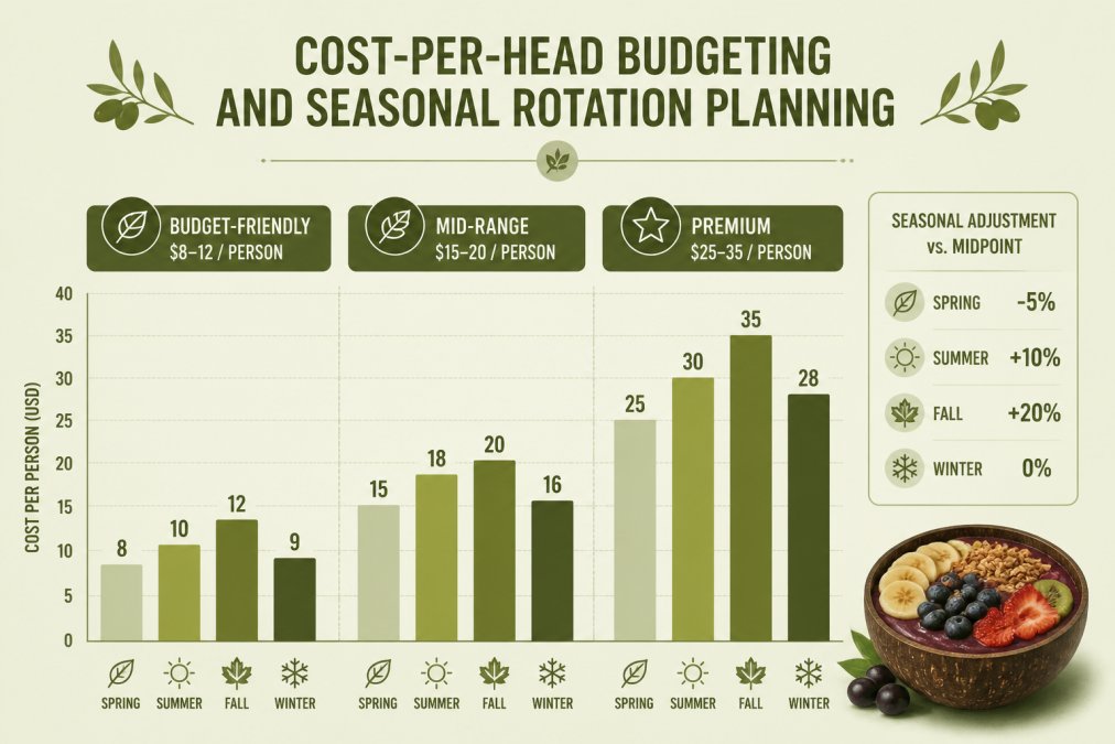 Bar chart comparing cost-per-person across three catering tiers (budget-friendly $8-12/person, mid-range $15-20/person, premium $25-35/person) with seasonal variations showing spring, summer, fall, and winter pricing adjustments