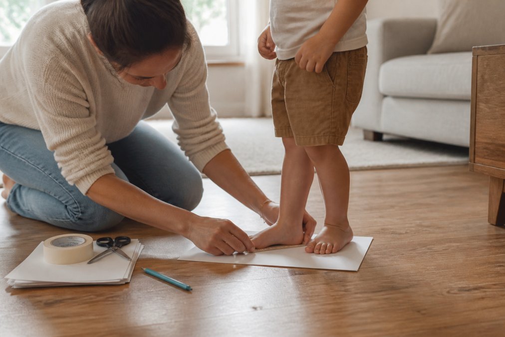 Parent measuring a toddler's foot with a paper ruler to ensure healthy footwear fit at home