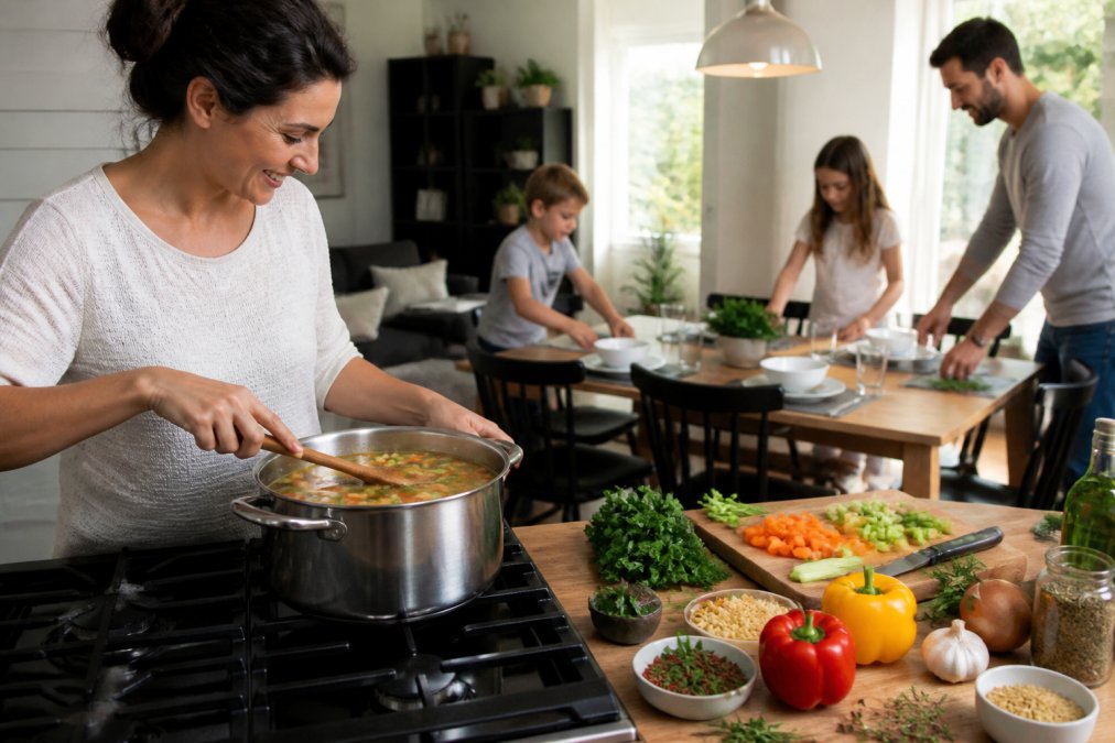Busy parent preparing a colorful soup in a bright kitchen with fresh vegetables and handcrafted seasoning packets visible on the counter, family members setting the table in the background