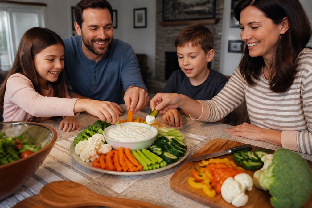 Family gathering around a dinner table with fresh vegetables, a bowl of creamy dip prepared from seasoning mix, and a package of Garden Veggie Dip Mix visible, showing multiple uses, vegetables on a cutting board, the dip in the center, and family members enjoying the spread