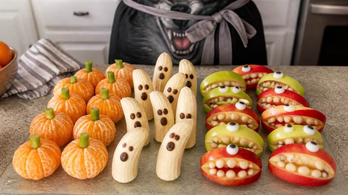 A festive Halloween fruit platter arranged on a glass cutting board, featuring clementine pumpkins, banana ghosts, and apple monsters, with a werewolf-themed apron visible in the background on a kitchen counter