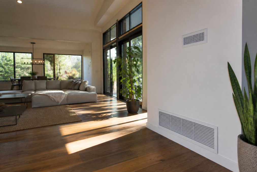Modern residential home interior showing open living space with large windows, natural light streaming across hardwood floors, visible ventilation grilles integrated into walls, and plants contributing to air quality