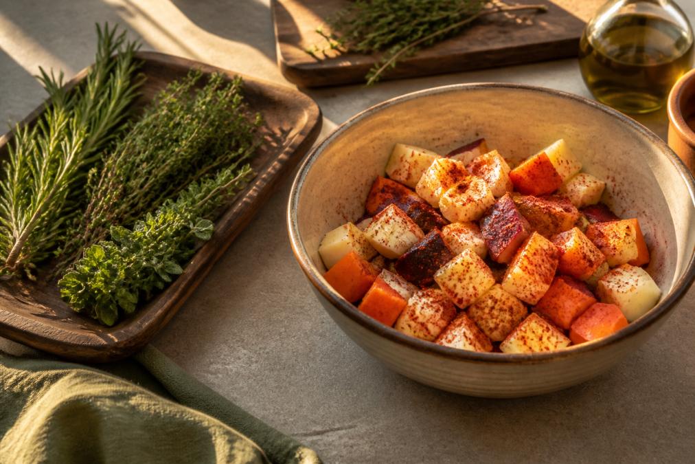 A rustic wooden tray filled with fresh rosemary, thyme, and oregano sprigs beside a ceramic bowl of raw cubed root vegetables dusted with a dark red spice blend, warm afternoon light casting long shadows on the counter