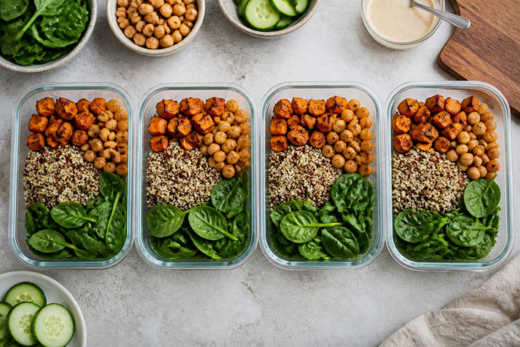 Overhead shot of four glass meal prep containers lined up on a light kitchen counter, each filled with colorful grain bowls featuring quinoa, roasted sweet potatoes, chickpeas, and fresh spinach, surrounded by small prep bowls of tahini dressing and sliced cucumbers