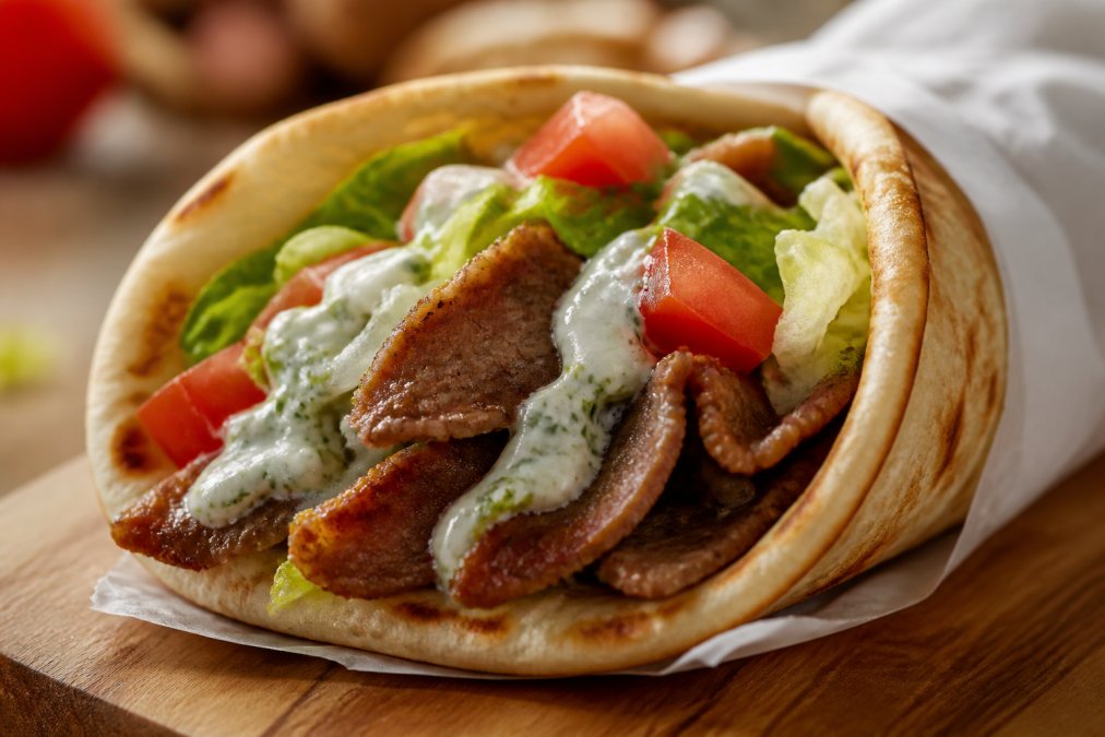 Close-up of a fresh Greek gyro with layers of grilled marinated meat, crisp lettuce, ripe tomatoes, and creamy tzatziki sauce on warm pita bread, photographed under warm restaurant lighting
