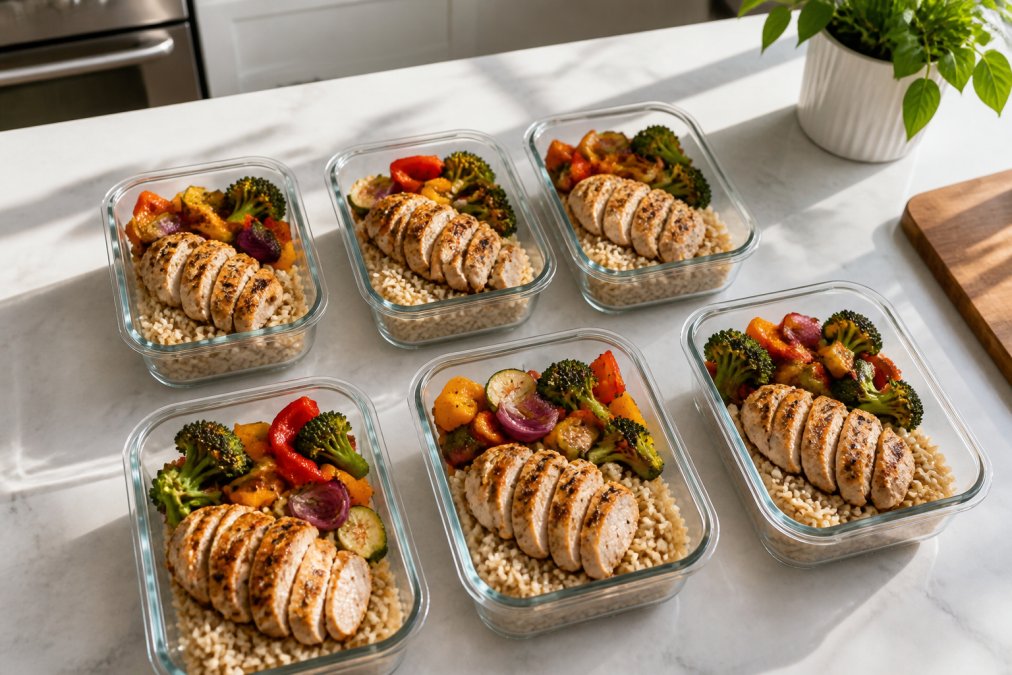 Overhead view of a week's worth of meal prep containers arranged on a kitchen counter, each filled with grilled chicken breast, roasted vegetables in multiple colors, and measured portions of brown rice, with natural morning light streaming across the scene
