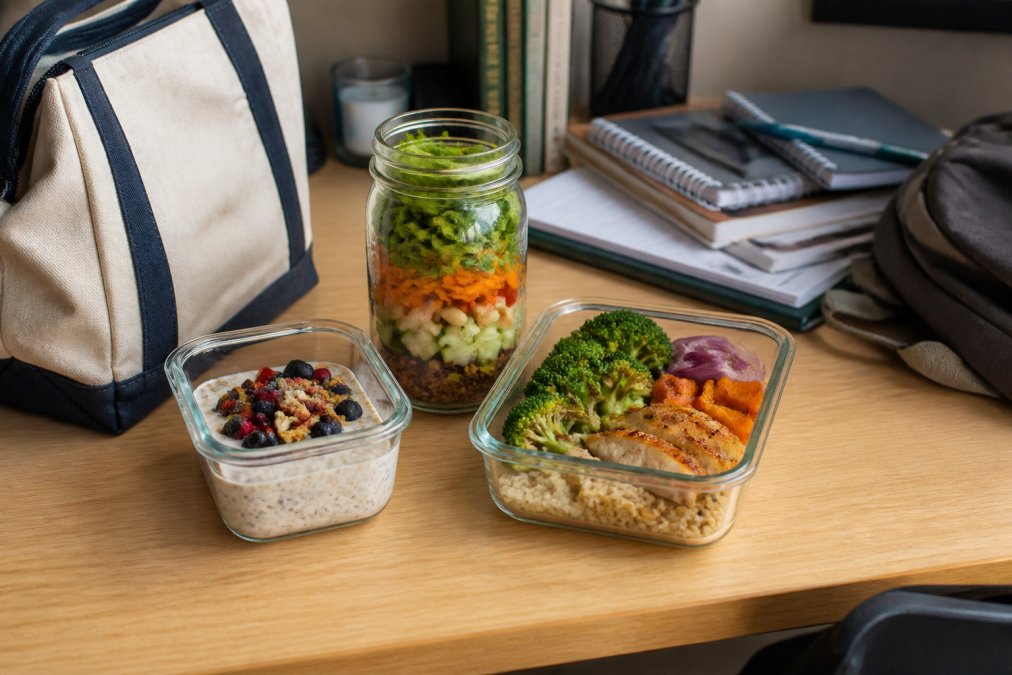 A college student's desk with colorful glass meal prep containers filled with overnight oats, a mason jar salad, and a macro bowl, arranged next to a laptop and a reusable canvas lunch bag