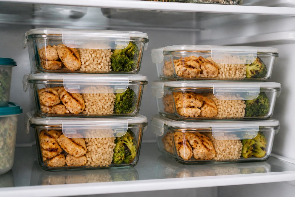 Close-up of organized glass meal prep containers with different foods, grilled chicken, brown rice, and roasted broccoli, neatly portioned and stacked in a refrigerator with clear labels