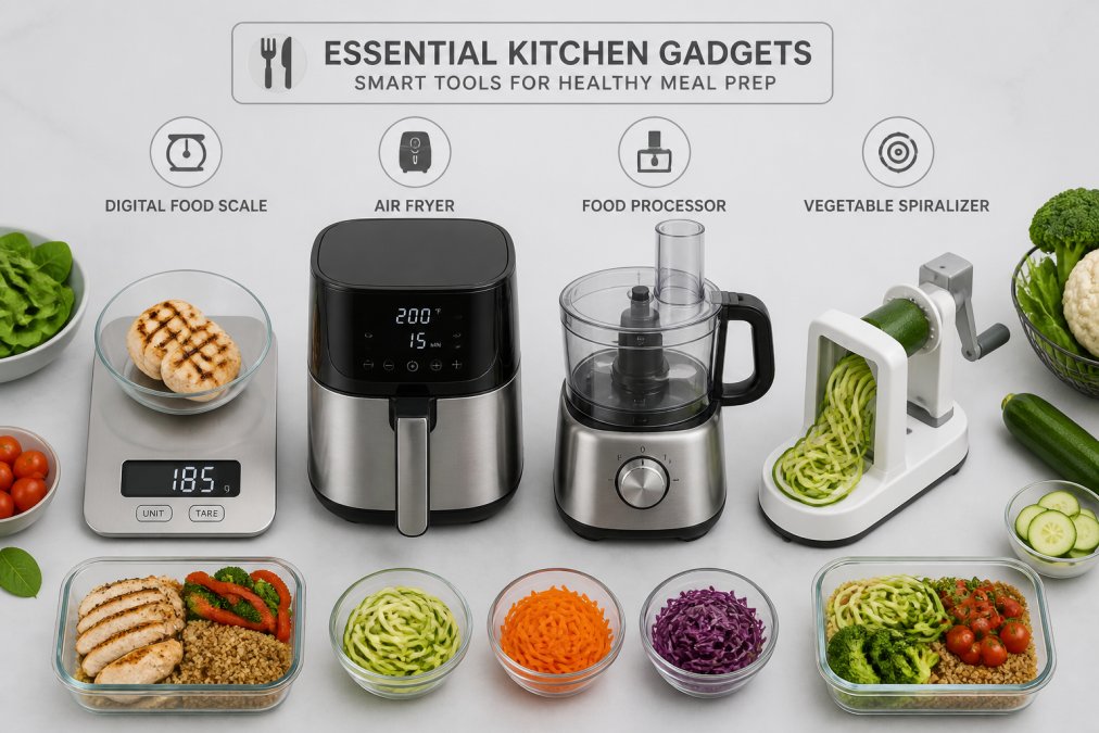 Flat lay of meal prep tools arranged on a modern kitchen counter: digital food scale showing precise measurements, sleek air fryer, stainless steel food processor, and vegetable spiralizer positioned next to fresh vegetables, grilled chicken breast, and prepared ingredients in glass bowls