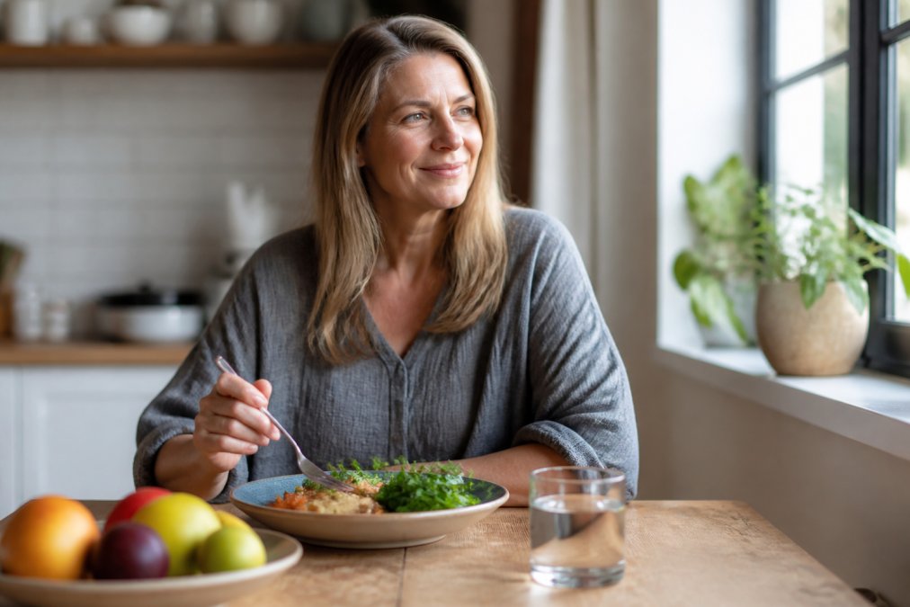 Infographic steps for a healthy relationship with food featuring a woman eating a balanced meal peacefully