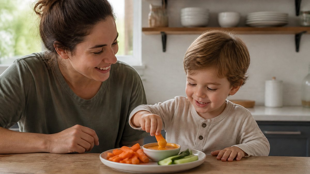 A parent and young child in a bright kitchen, child dipping a carrot stick into a small bowl of orange sauce, both smiling