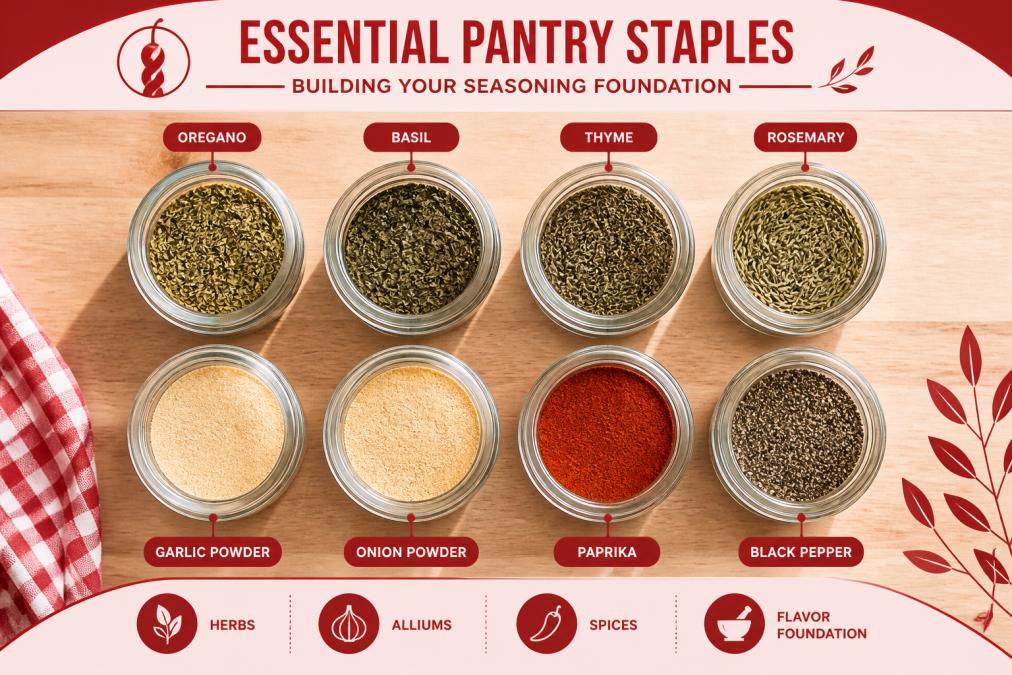 Overhead view of clear glass spice jars arranged on a wooden kitchen counter in natural morning light, showing dried herbs like oregano, basil, and thyme alongside garlic powder and paprika containers
