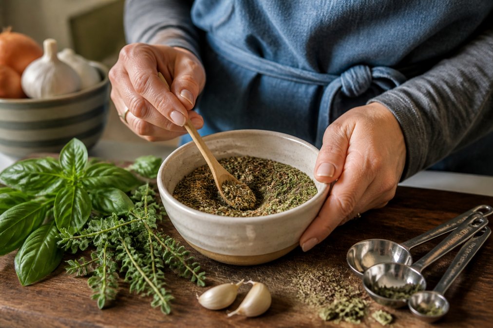 Close-up of hands mixing dried herbs and spices in a small ceramic bowl on a kitchen counter, with fresh basil, oregano sprigs, garlic cloves, and measuring spoons visible in natural afternoon light