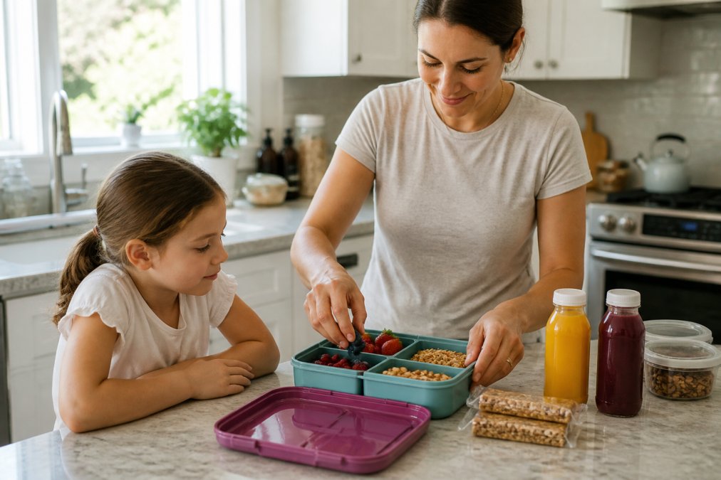 Parent packing a colorful lunch box with fresh berries, granola bars, nuts, and fresh-pressed juice bottles while a child watches eagerly from a kitchen counter with morning sunlight streaming through the window