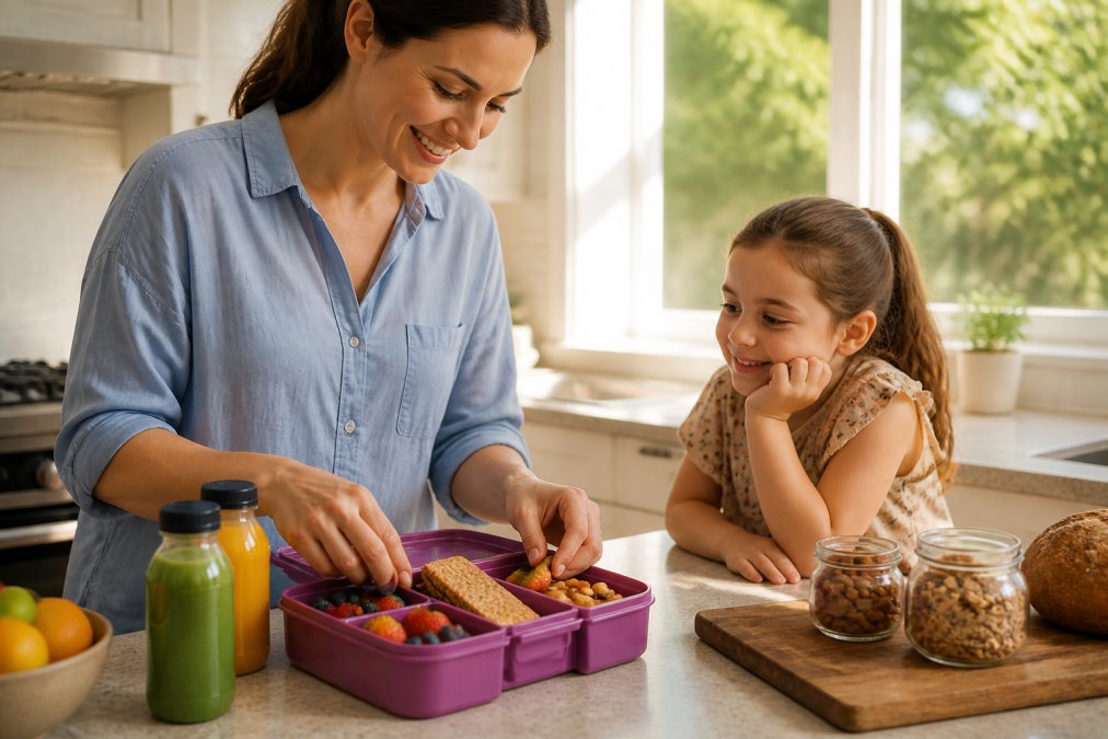 Professional illustration showing Parent for healthy snacks for busy parents