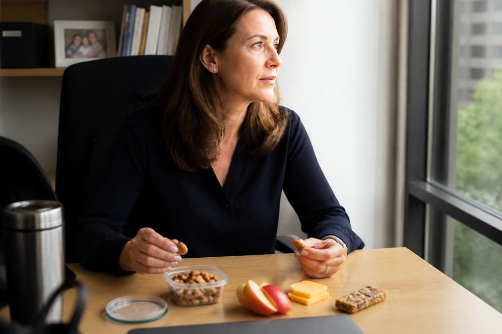 Busy woman at a desk with healthy snacks for busy women on the go, including nuts, fruit, and protein bars.