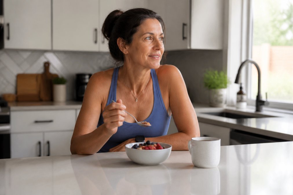 A woman in her late 40s sitting at a kitchen island with a small bowl of Greek yogurt topped with berries and walnuts, morning light through the window, coffee cup beside her