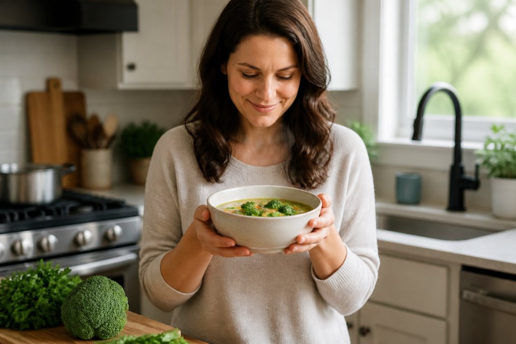 A home cook in a bright kitchen holding a bowl of steaming soup with fresh broccoli and herbs on the counter nearby