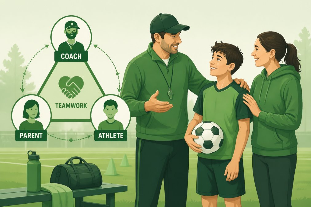 Coach, young athlete, and parent standing together at the sidelines during practice, showing positive body language and collaborative interaction with natural outdoor lighting