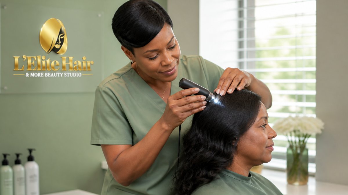A hair care professional in a bright studio gently examining a seated client's scalp with a small handheld scope, warm natural lighting, calm and welcoming atmosphere