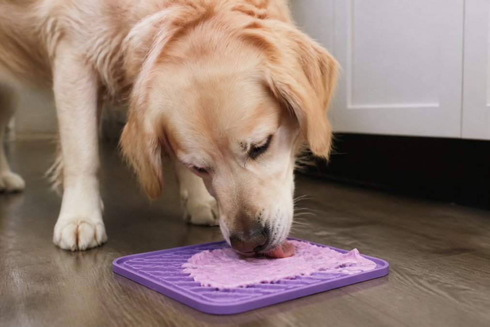 Dog licking a frozen treat from a lick mat, showing engaged and calm behavior during mealtime enrichment