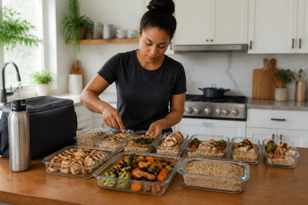 Person portioning grilled chicken and vegetables into containers for healthy weekday lunch options for commuters