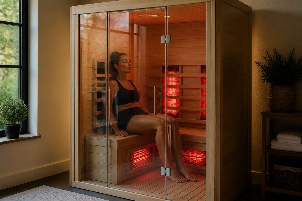 Person relaxing inside a wooden infrared sauna cabin with soft ambient red light therapy panels visible, glass door showing interior comfort and warm glow, modern residential setting