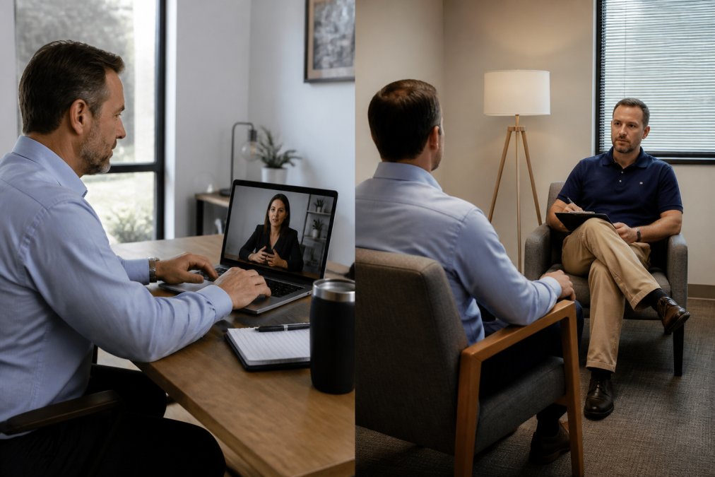 Professional CDL driver in business casual attire sitting at a desk with a laptop, participating in a virtual video consultation with a counselor visible on the screen in a modern office setting with natural window lighting