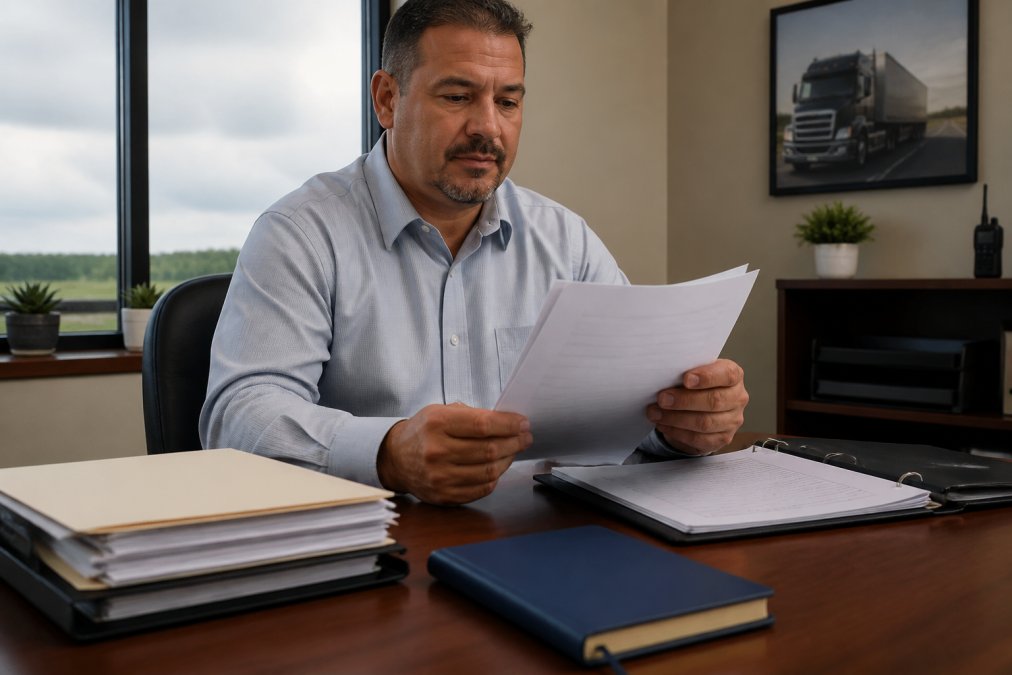 Commercial truck driver in professional attire holding completed compliance paperwork and checking documents at a desk, representing the completion of return-to-duty requirements in a modern office setting