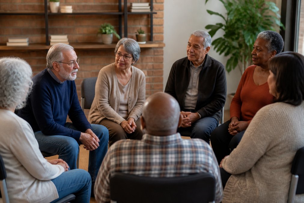 Professional illustration showing heart health peer support
