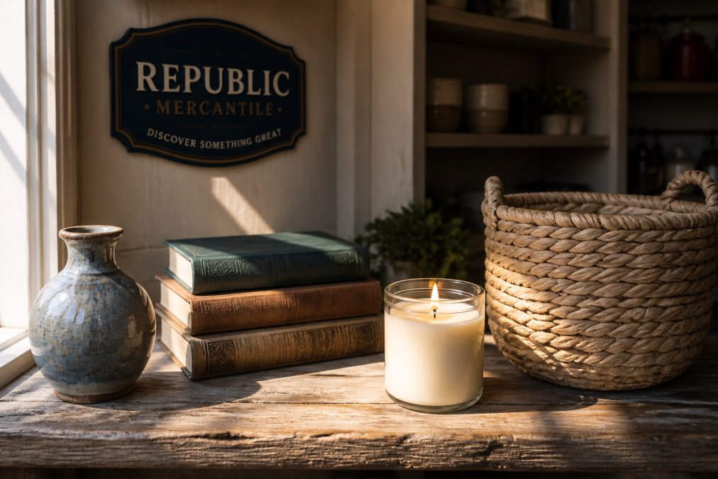 A flat-lay photograph of eclectic home decor items on a weathered wooden table: a small ceramic vase, a stack of vintage hardcover books, a lit scented candle in a glass jar, and a woven seagrass basket, with warm afternoon light falling through a nearby window