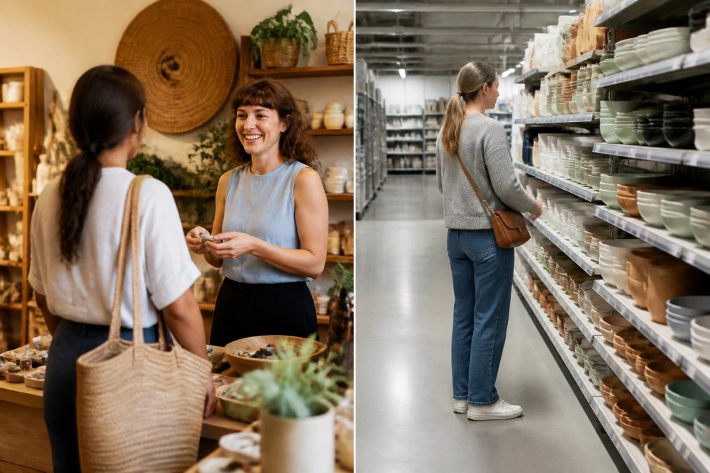 Split-screen comparison showing a customer in conversation with a boutique owner in an intimate shop setting on the left, and a customer browsing organized aisles in a large retail store on the right