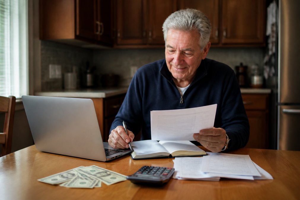 A heart surgery survivor sitting at a kitchen table with a laptop, reviewing medical bills and a notebook, looking relieved and focused