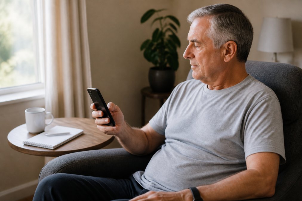 A person in their 60s sitting comfortably in a living room chair, looking at a smartphone with a health tracking app open, a notebook and pen on the side table, warm natural light through a window