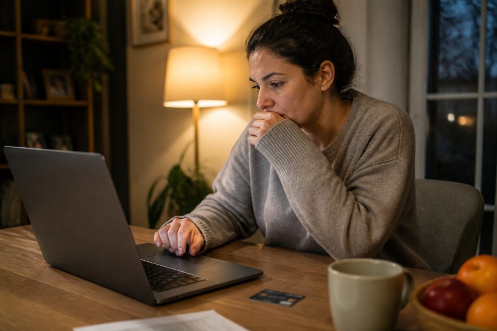 A budget-conscious shopper comparing prices on a laptop at home, surrounded by online shopping tabs and a credit card nearby, warm evening lighting