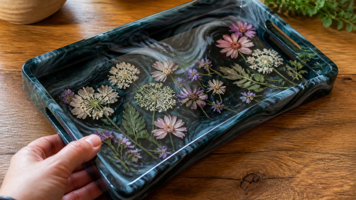 Close-up of a hand-finished resin serving tray with embedded dried flowers on a wooden table, showing glossy surface and unique color swirls