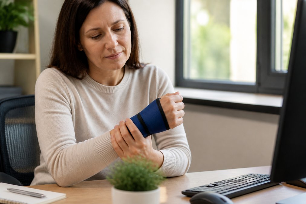 Person holding a cold compression sleeve on their wrist while sitting at a desk, showing comfort and relief from joint pain with natural office lighting