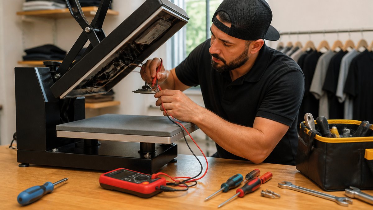 Professional demonstrating troubleshooting heat press machine issues technique in modern clinical setting with natural lighting