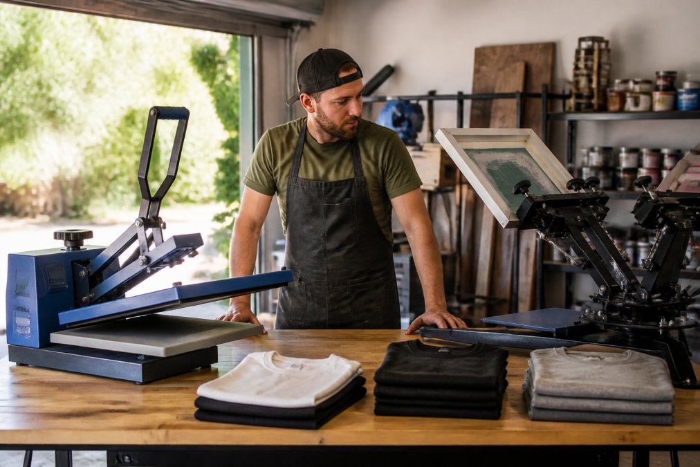 Comparison chart showing the workflow differences between a heat press and a manual screen printing station.