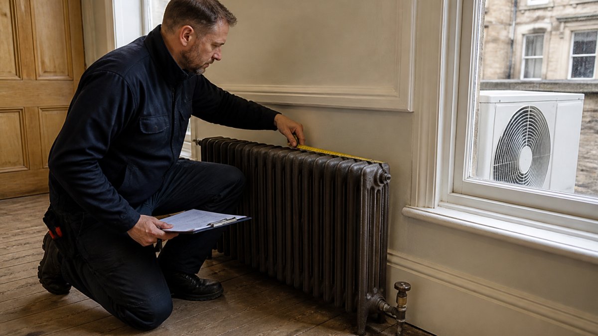 A heating engineer in dark work clothes measuring a cast-iron radiator against a wall in a Victorian tenement flat, with a clipboard and tape measure in hand and a heat pump outdoor unit visible through the sash window