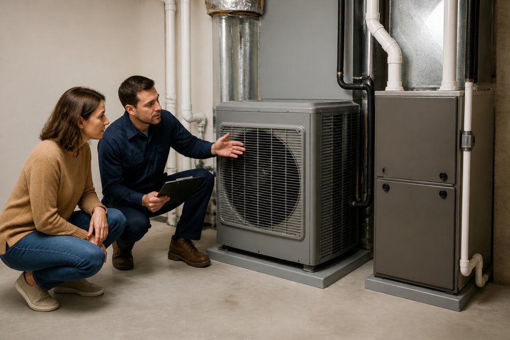 HVAC technician and homeowner comparing heat pump efficiency with a furnace in a utility room