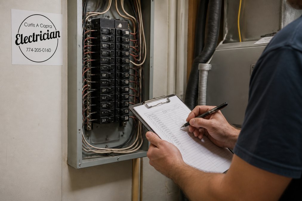 Electrician inspecting an electrical panel for heat pump electrical capacity in a home