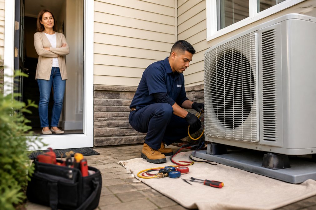 Technician performing a heat pump installation outside a suburban New Jersey home as the owner observes.