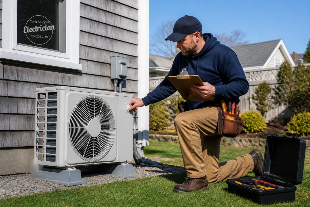 A licensed electrician in work clothes reviewing a heat pump outdoor unit beside a Cape Cod-style home, with tools and a clipboard visible, bright daylight