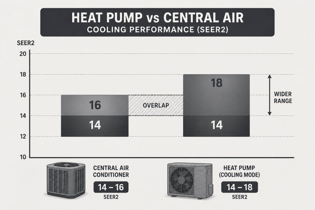 Bar chart comparing SEER2 cooling efficiency ratings for a heat pump vs central air conditioning system.
