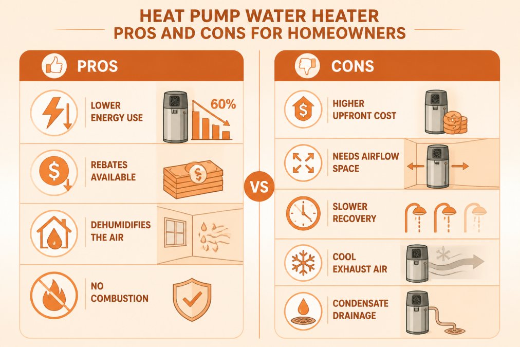 Two-column pencil sketch matrix comparing heat pump water heater pros (lower energy use, rebates, dehumidifies, no combustion) against cons (higher upfront cost, needs airflow space, slower recovery, cool exhaust air, condensate drainage)